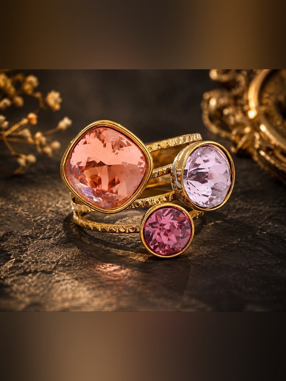 Gold Plated Trio Gemstone Statement Ring - Pink, Peach & Lilac